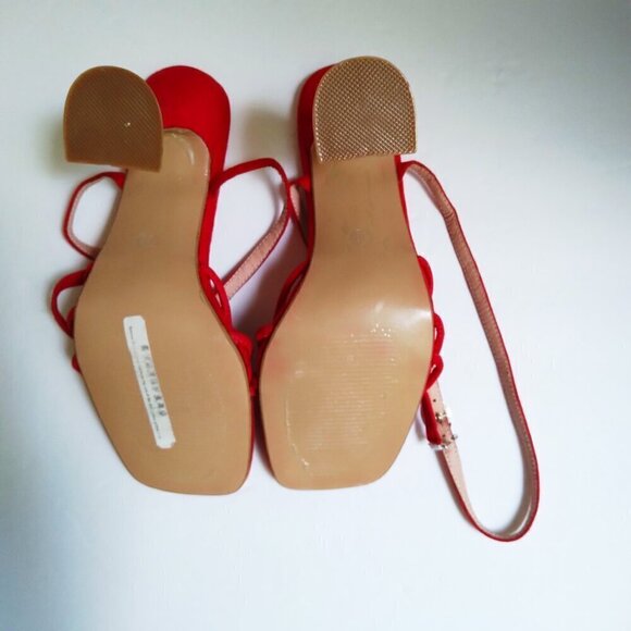 Red  Rhinestone Bow  Square Toe Wrap Around Strappy Sandals Horsehoof Heel Sz 38 - Picture 3 of 9